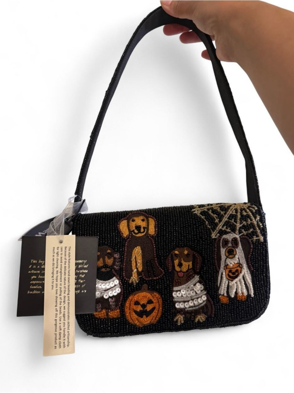 Beaded Halloween Dog Shoulder Bag in Black
